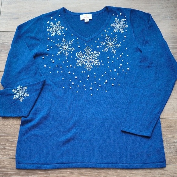 Vtg Quacker Factory Beaded Snowflake Sweater - Blue White Holiday Christmas M - Picture 3 of 8